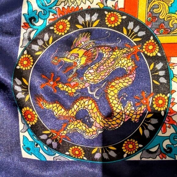 EUC 34"x34" Chinese Dragon Blue Red and Gold Square Scarf - Picture 3 of 4